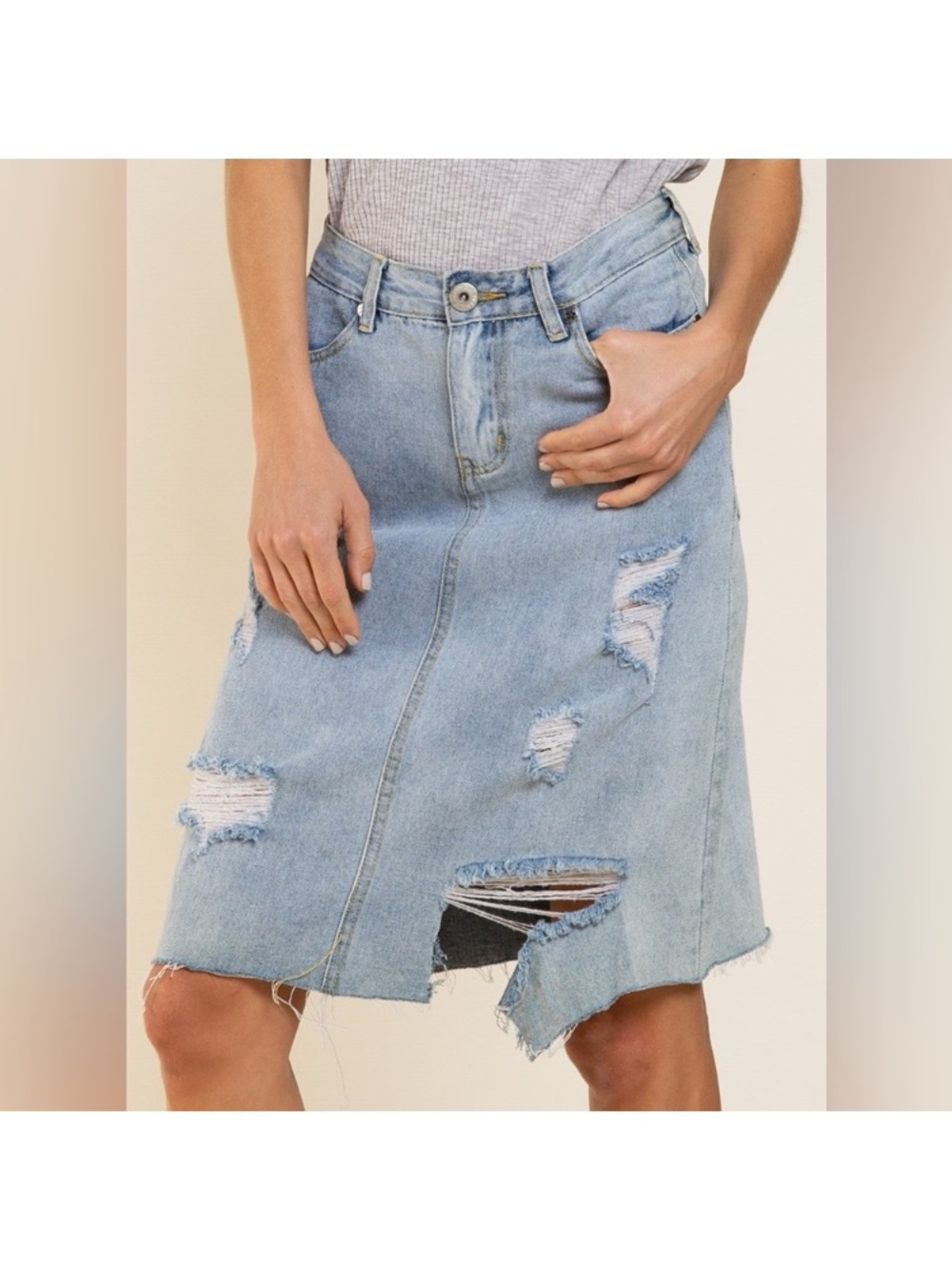 Light Blue Distressed Denim Midi Skirt by